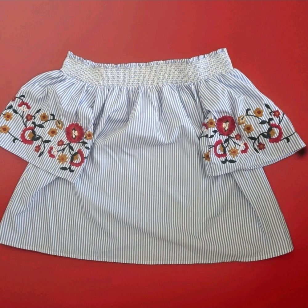 Marks & Spencer Blue Striped Off-Shoulder Blouse with Floral Embroidery